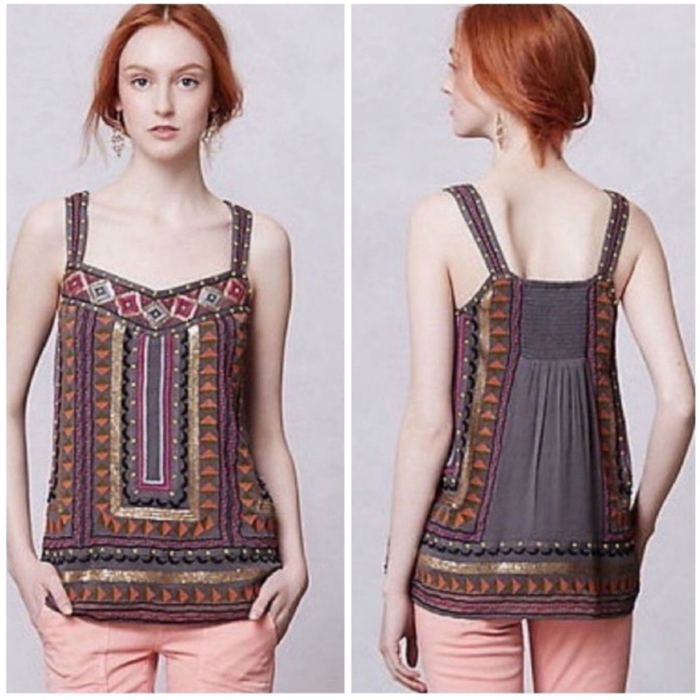 Anthropologie Meadow Rue Lawson Gray Embroidered Beaded Sequins Tank Top Small